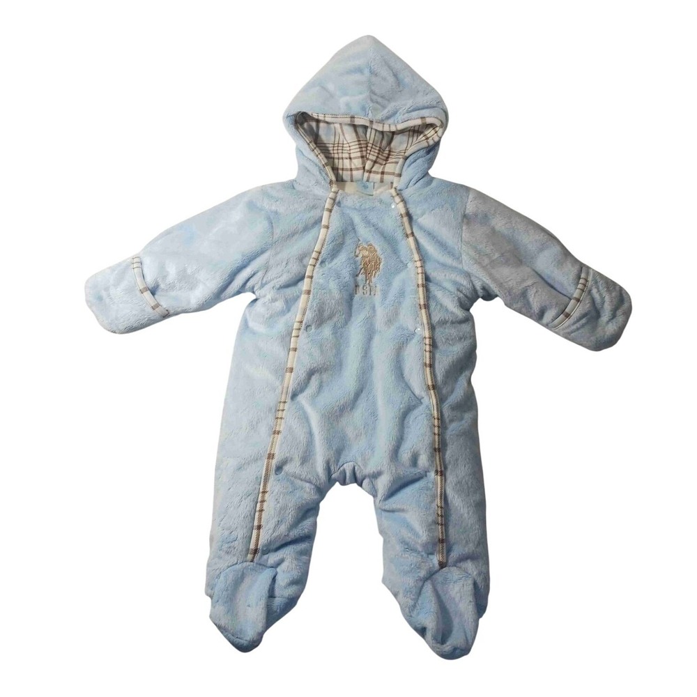 USPA Polo Baby Bunting‎ 3–6M Hooded Blue Fleece Plaid Lined Embroidered Logo